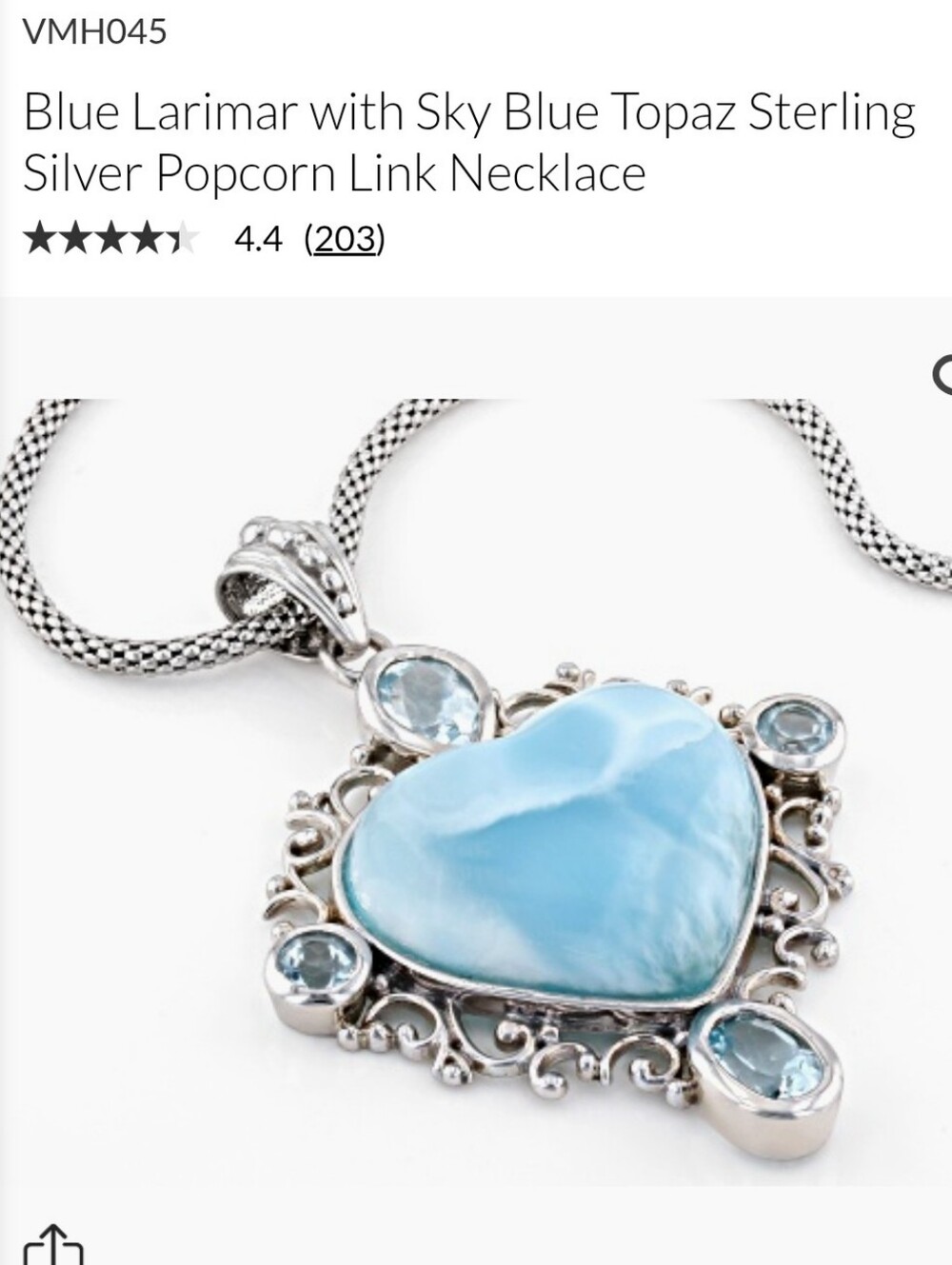 JTV Larimar & Blue Topaz Heart Pendant Necklace 18" Popcorn Chain #VMH045 - Picture 14 of 16